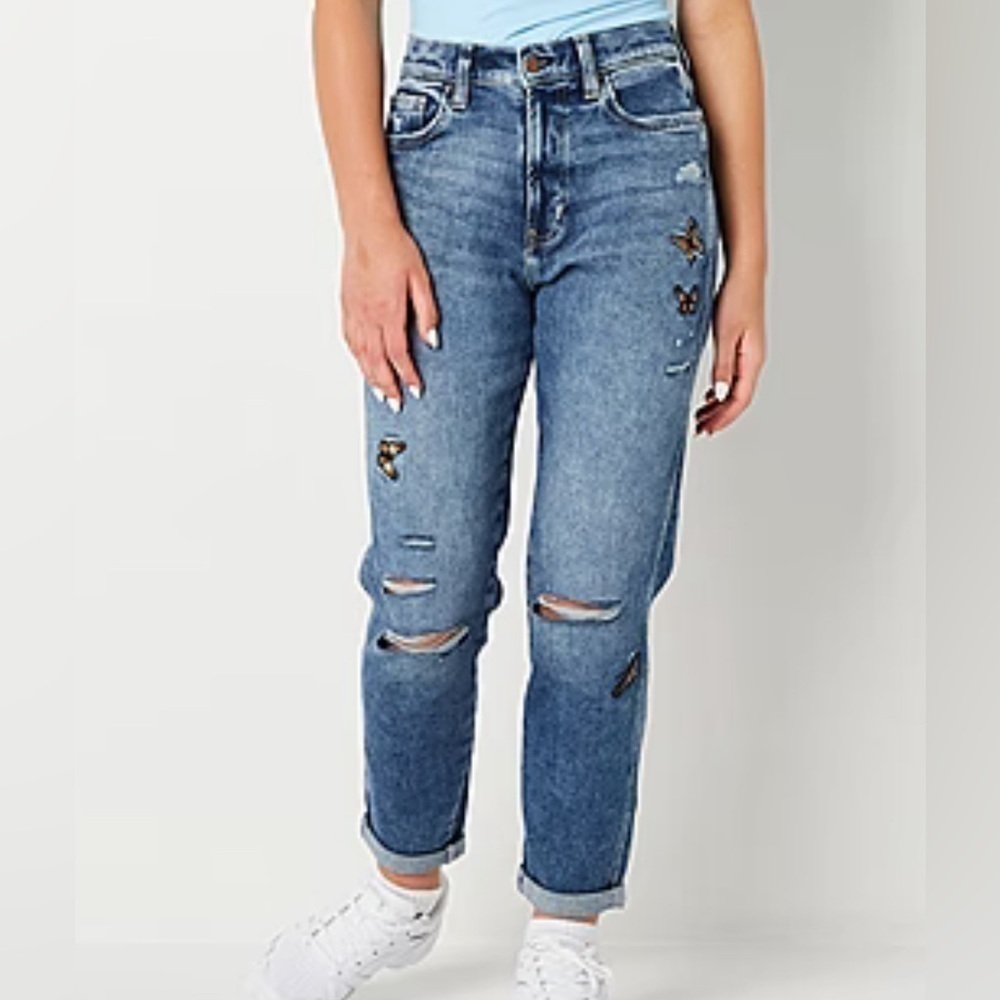Arizona Juniors Womens Highest Rise Mom Jean butterfly patchwork size 3